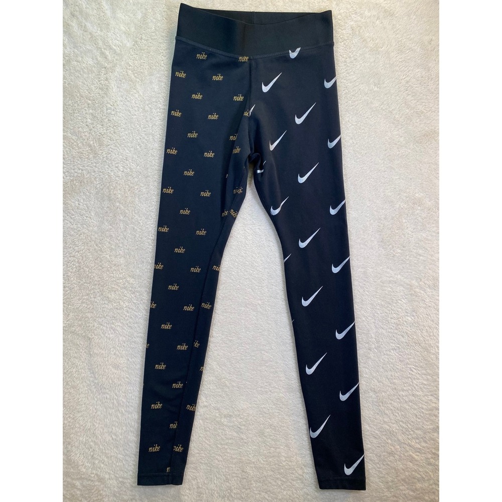 Nike Leggings All-Over Print Women's S Black Gold Whit Swoosh Logo Activewear